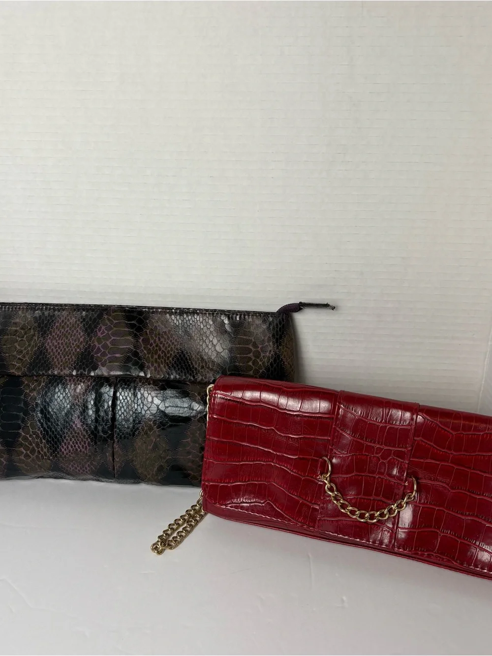 2-items NWOT- 1 snake skin harlequin diamond style pattern purple & blk clutch